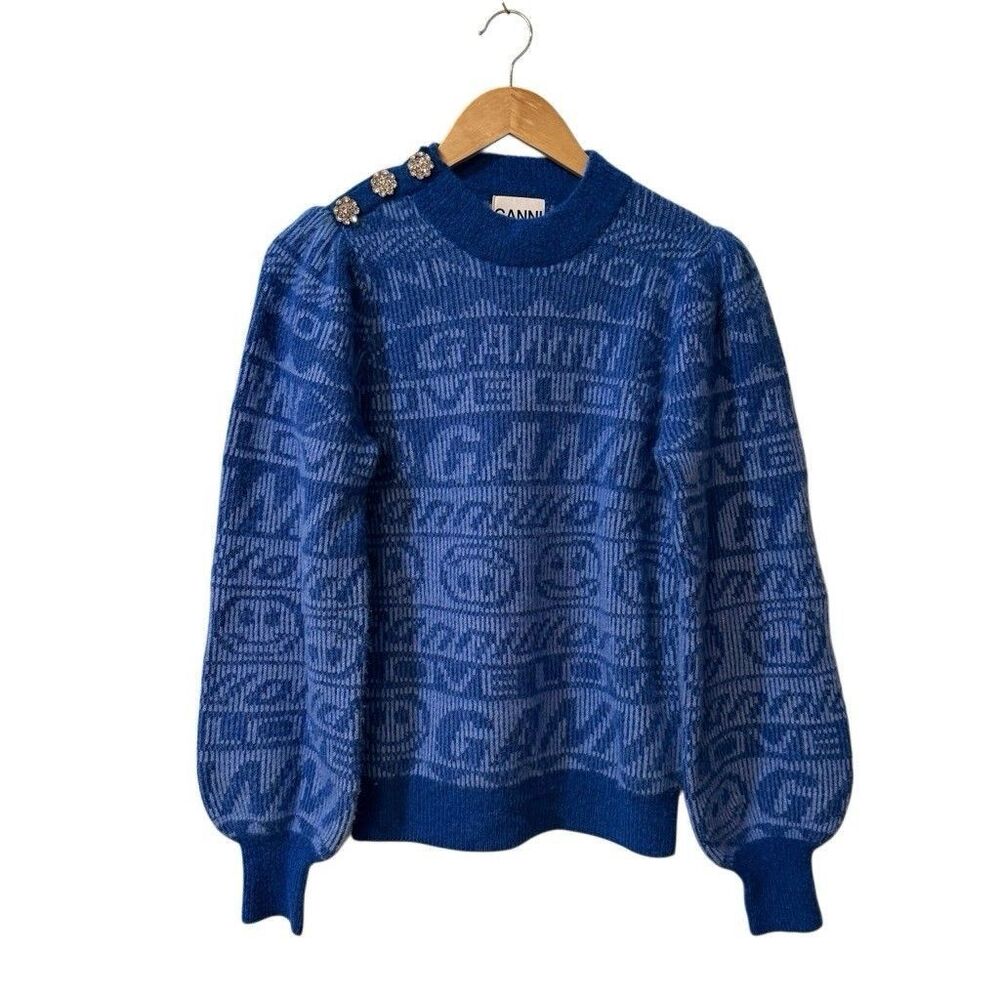 Ganni Jacquard Blue Alpaca Wool Sweater Crystal Buttons Smiley Face Mohair S